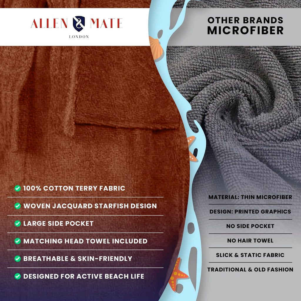ALLEN & MATE 100% COTTON Hooded Kids Bathrobe – Soft, Medium Weight Absorbent Bath Towel Robe for Boys & Girls, 6-15 Years