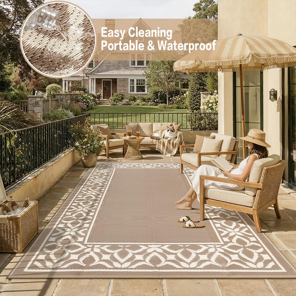 PureCozy Outdoor Plastic Straw Rug Black Beige Large Outside Waterproof Outdoor Patio 5x8 Carpet Geometric Reversible Mat Modern for Camping RV Porch Deck Balcony Beach