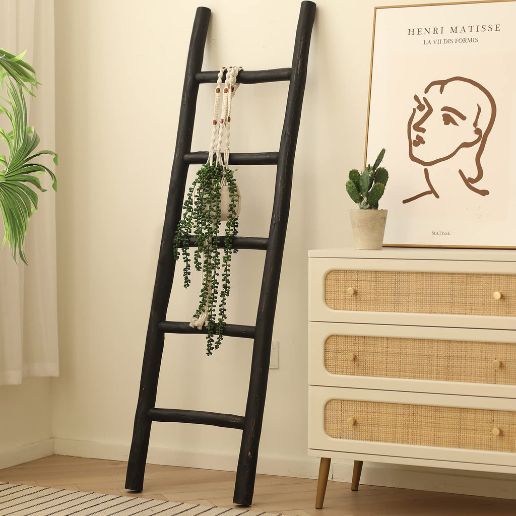 FUIN 57in Wood Blanket Ladder Living Room Decorative Wall Leaning Farmhouse Quilt Display Holder Rustic Wooden Towel Rack for Bathroom, Black
