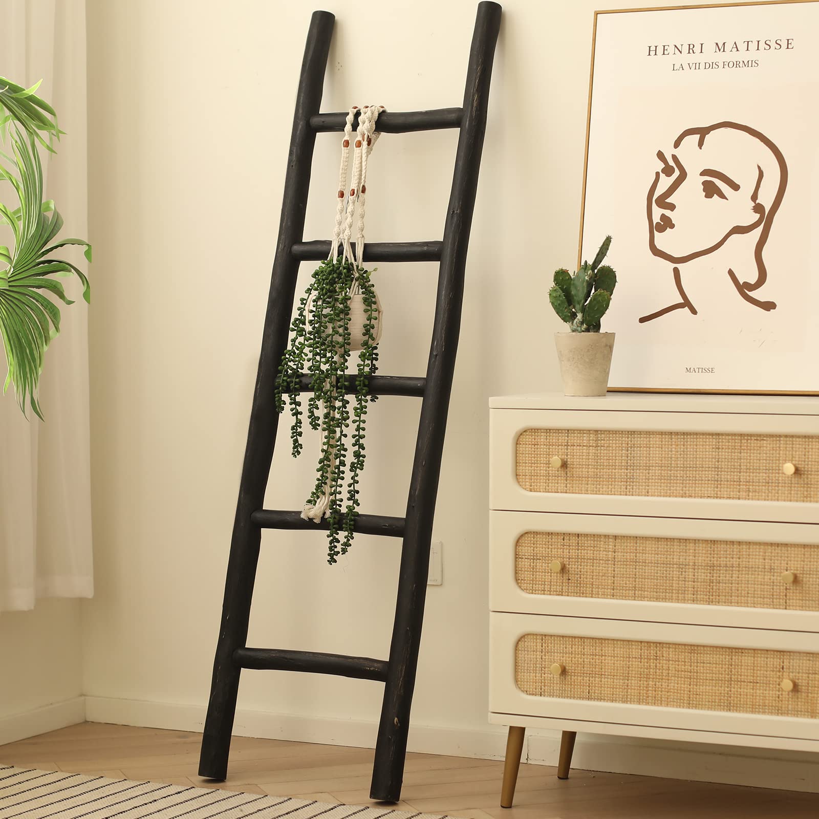 FUIN 57in Wood Blanket Ladder Living Room Decorative Wall Leaning Farmhouse Quilt Display Holder Rustic Wooden Towel Rack for Bathroom, Black