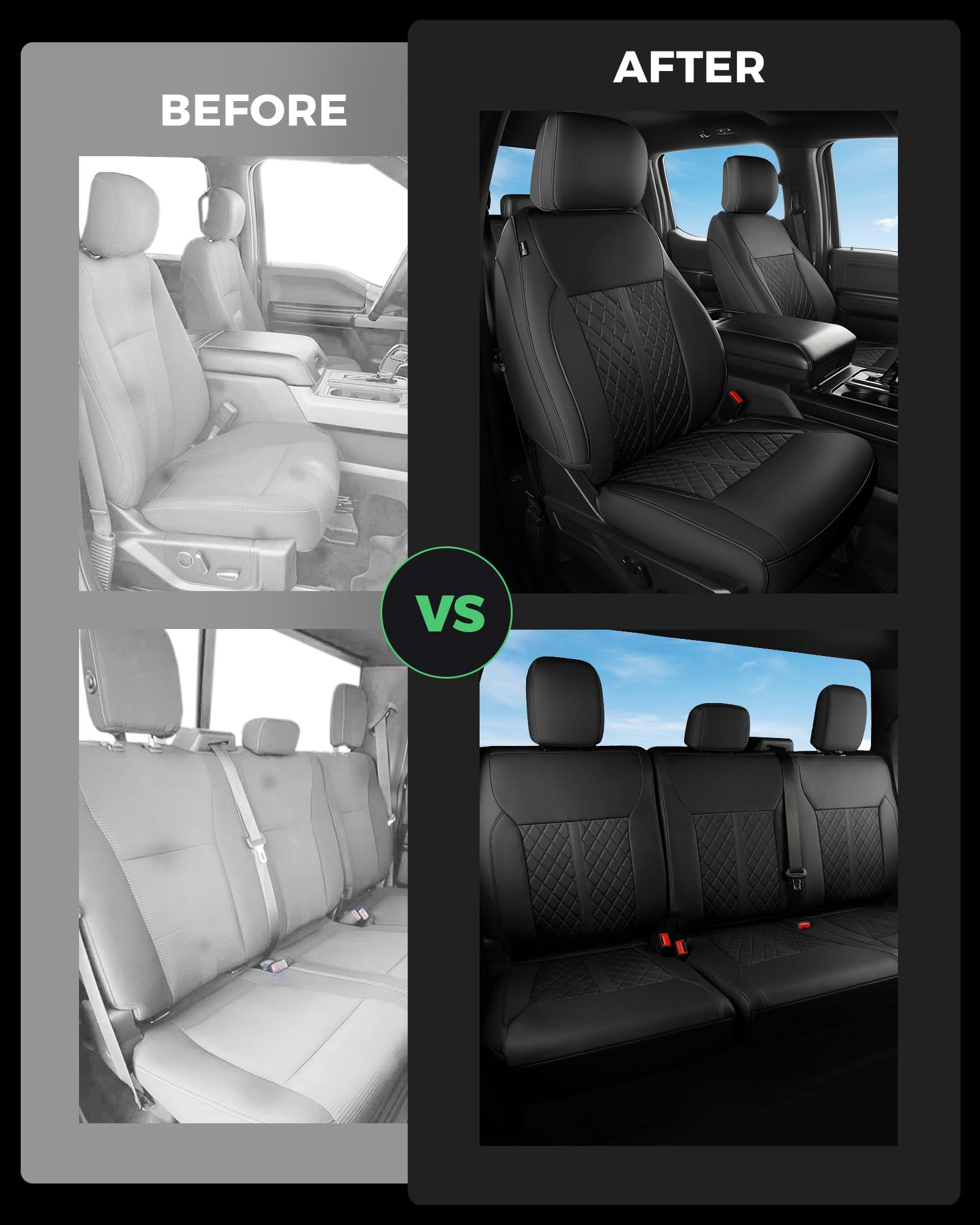 for Ford F150 Leather Seat Covers, Super Crew Cab XL XLT 2015-2020, F250 F350 F450 Super Duty Crew Cab 2017-2022,Custom Truck Seat Cover Full Set, Pickup Accessories, Black (Bucket Seat)