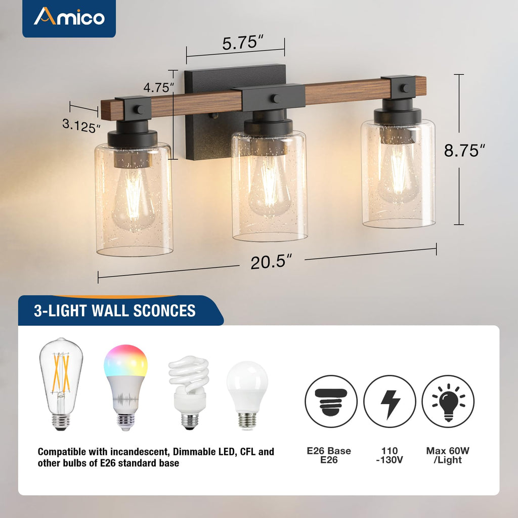 Amico 3-Light Farmhouse Vanity Light Fixture, Rustic Wood Bathroom Light Fixtures, Industrial Vintage Black Wall Sconces Lights with Bubble Glass Shade for Mirror, Bedroom, Living Room, Hallway