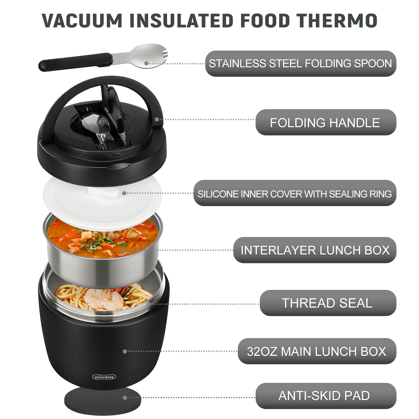 wiwens Thermo Food Jar for Hot Food Adults 32OZ Soup Thermo Lunch Containers Wide Mouth Vacuum Insulated Stainless Steel Leakproof Bento Box with Spoon (Beige)