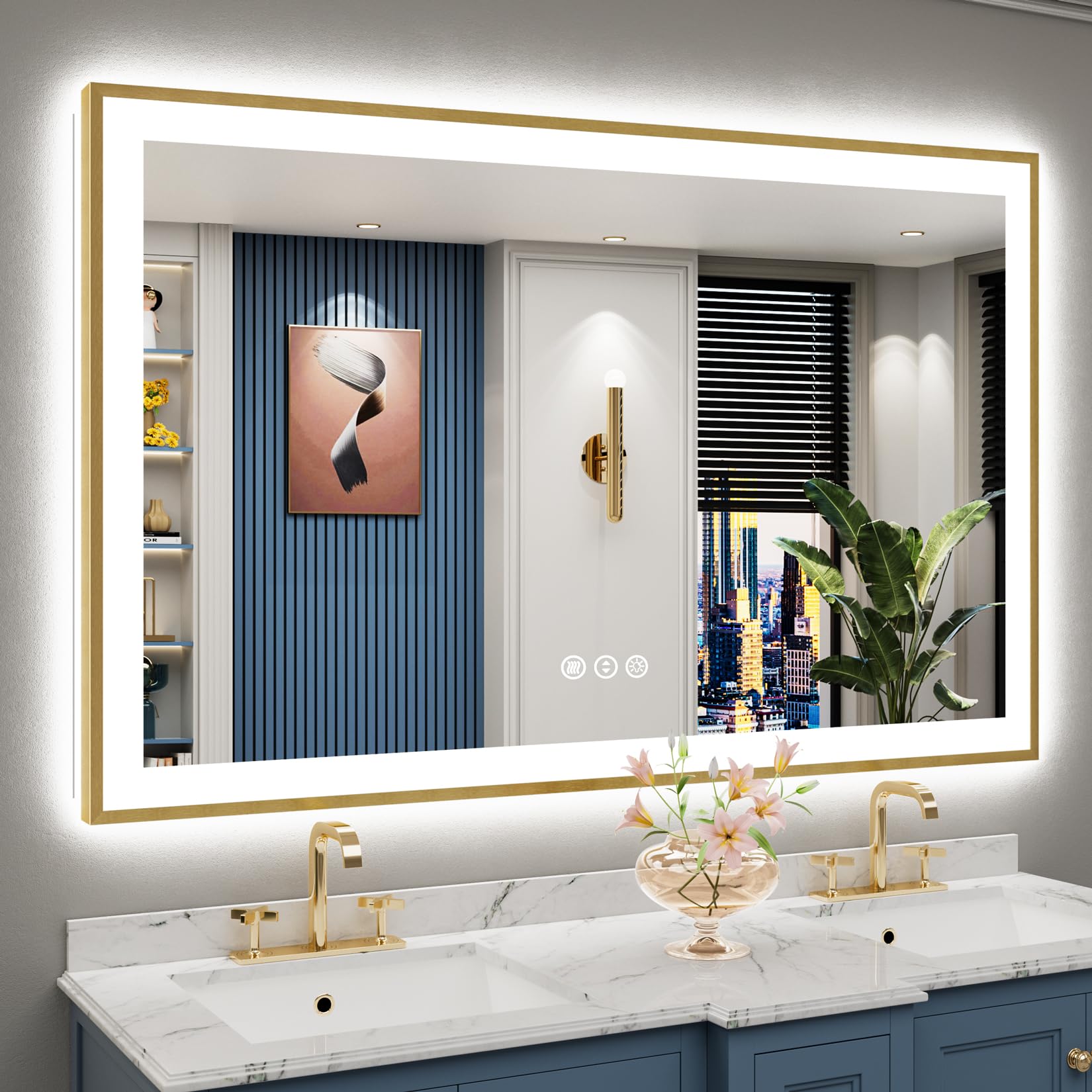 24x36 Gold Beveled LED Bathroom Mirror with Lights, Brushed Gold Framed Backlit and Front Lit Anti-Fog Lighted Vanity Mirrors for Bathroom Wall, Dimmable, 3 Colors, Memory, HD Tempered Glass