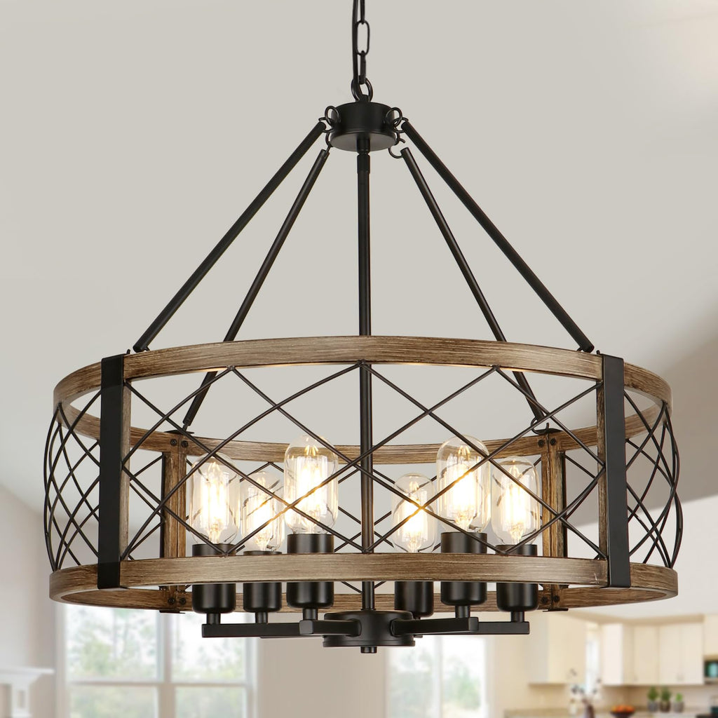 Modern Chandelier for Dining Room, 6-Light Wood Grain Finish Farmhouse Chandelier, 22.5” Rustic Drum Hanging Light Kitchen Island, Round Metal Hanging Light Fixture for Foyer, Entryway, Bedroom