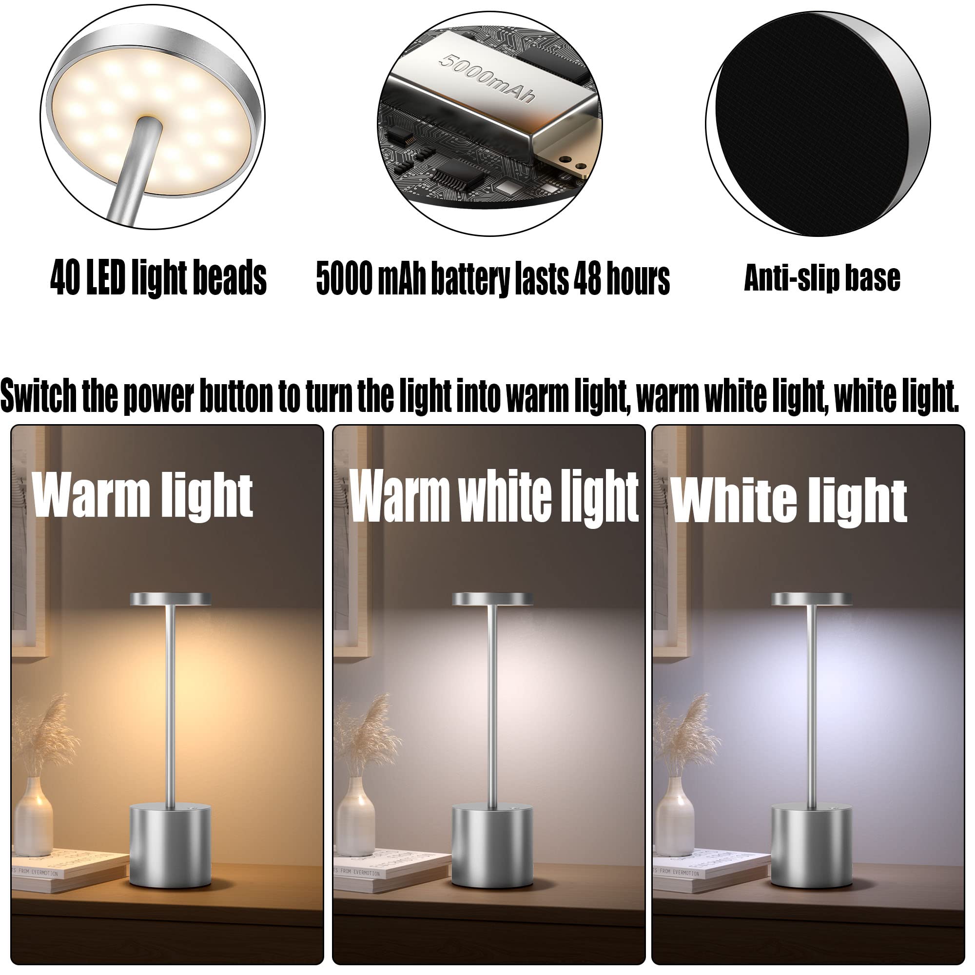2Pack Cordless Table Lamp, Rechargeable LED Battery 5000mAh Metal USB Portable Powered Desk Lamp, 3 Levels Brightness Light for Restaurants Outdoor (2pack 10.25in Titanium)