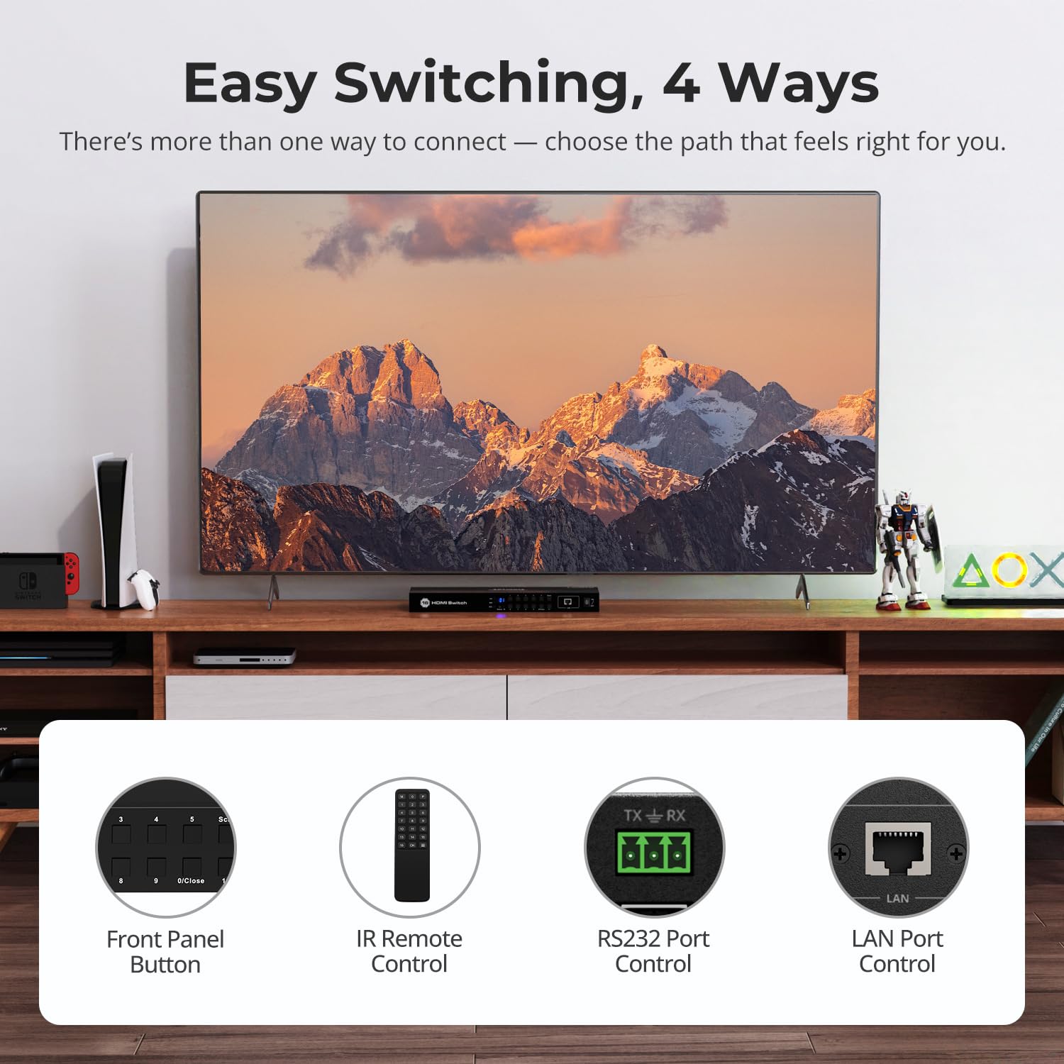 TESmart 8×1 HDMI Switch 8 in 1 Out 4K @ 60Hz HDCP with 19-inch Rack-Ears | RS-232 / LAN Control | IR Remote Control and Auto Switch | Auto Scan Time Interval - Black