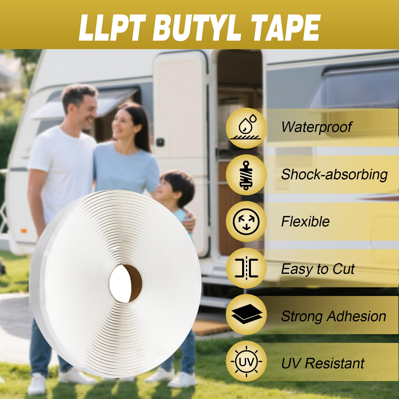 LLPT Butyl Tape Black 1 Inch x 33Ft Tight Seal for Leak Proof EPDM RV Repair Window Glass Boat Sealing Roof Pipe Patching(BST233)