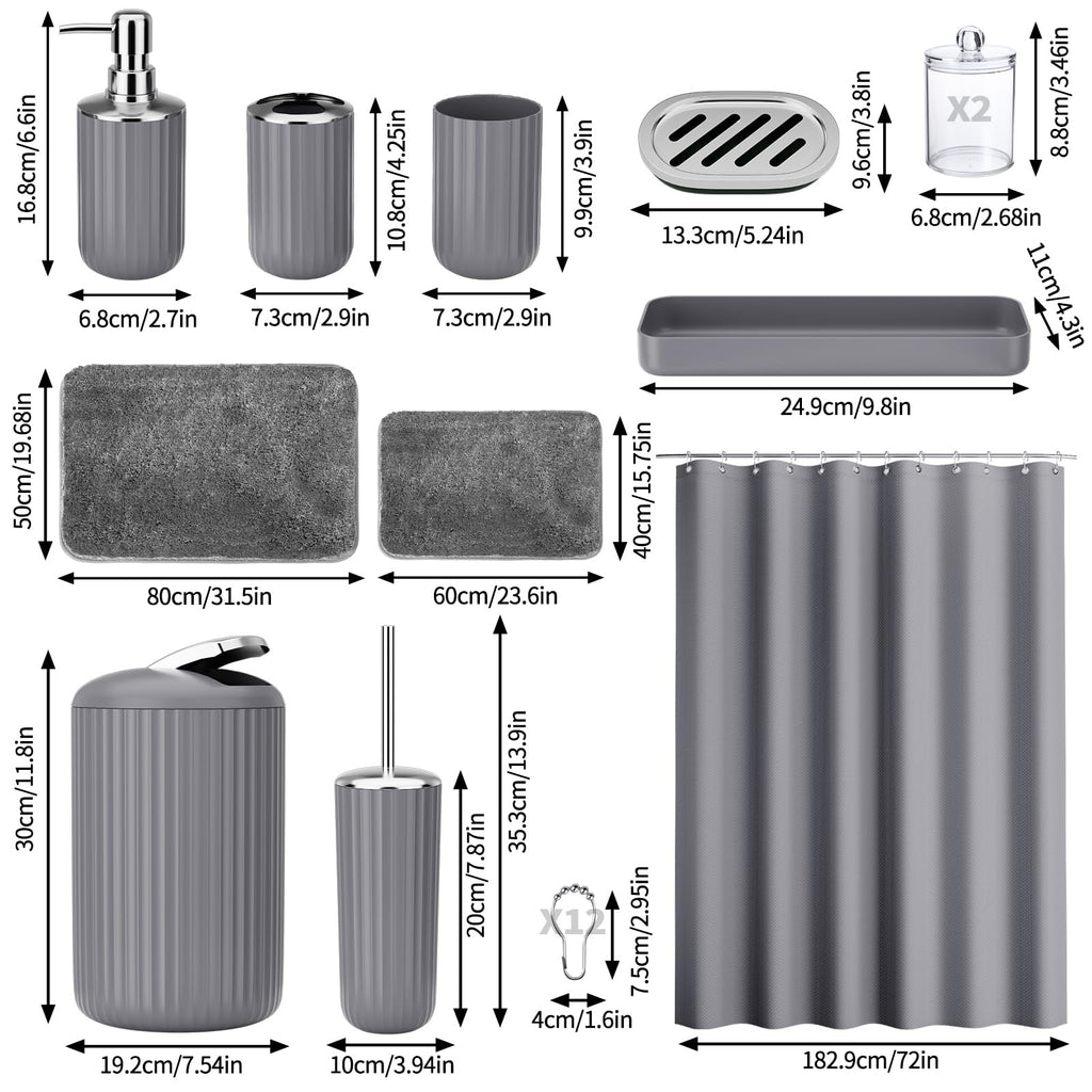 XLHOMO 24 PCS Black Bathroom Accessories Set with Shower Curtain and Rugs, Bathroom Decor Set with Trash Can, Toilet Brush, Soap Dispenser, Toothbrush Holder, Tumbler, Soap Dish and Jars