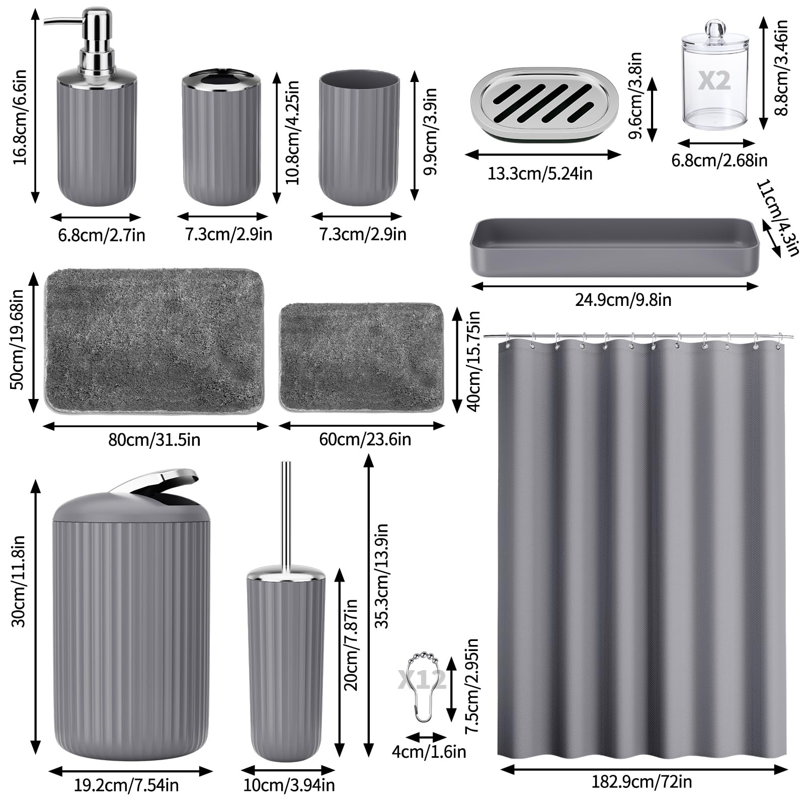 XLHOMO 24 PCS Black Bathroom Accessories Set with Shower Curtain and Rugs, Bathroom Decor Set with Trash Can, Toilet Brush, Soap Dispenser, Toothbrush Holder, Tumbler, Soap Dish and Jars