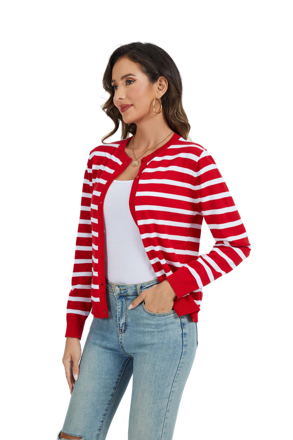 CUNYI Women's Crew Neck Cardigan Long Sleeve Sweater for Women Button Down Soft Knit Ladies Cardigan Sweates Coat