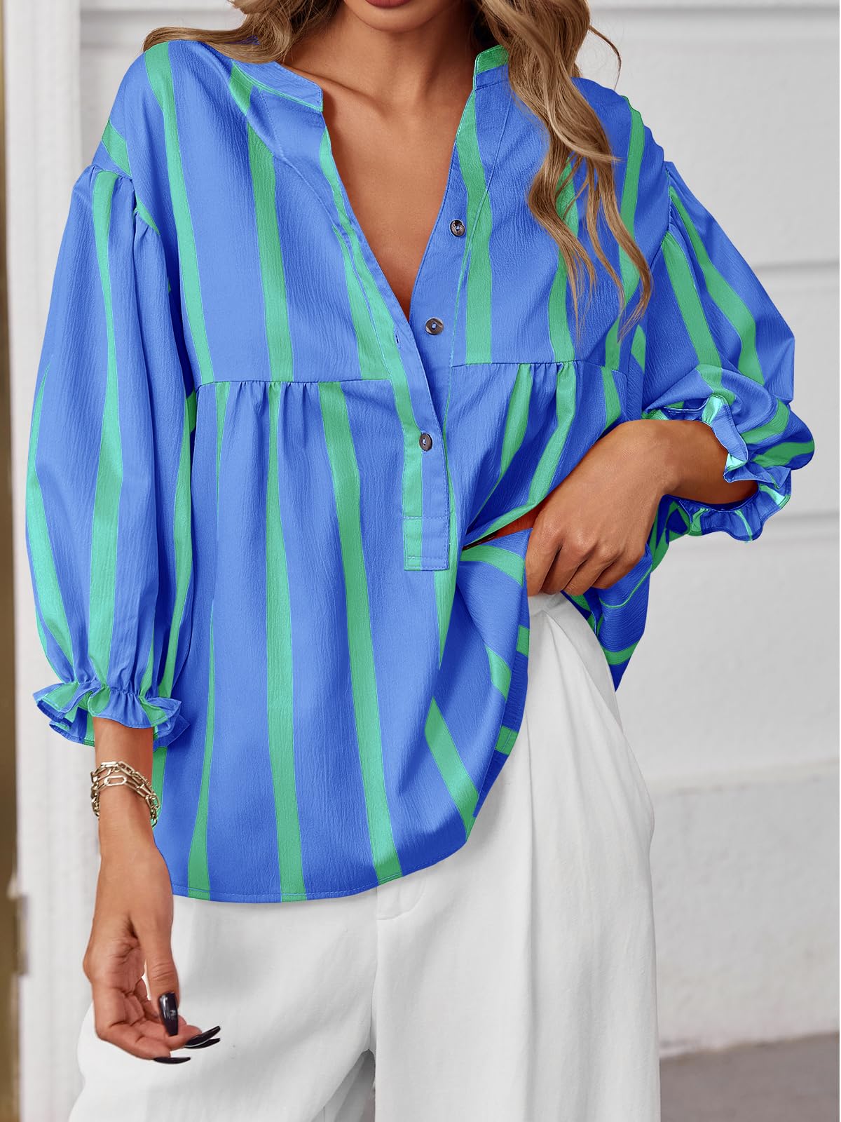 Tankaneo Womens Puff Sleeve Babydoll Tops Summer V Neck Striped Blouse Cute Casual Loose Fit Flowy Shirts