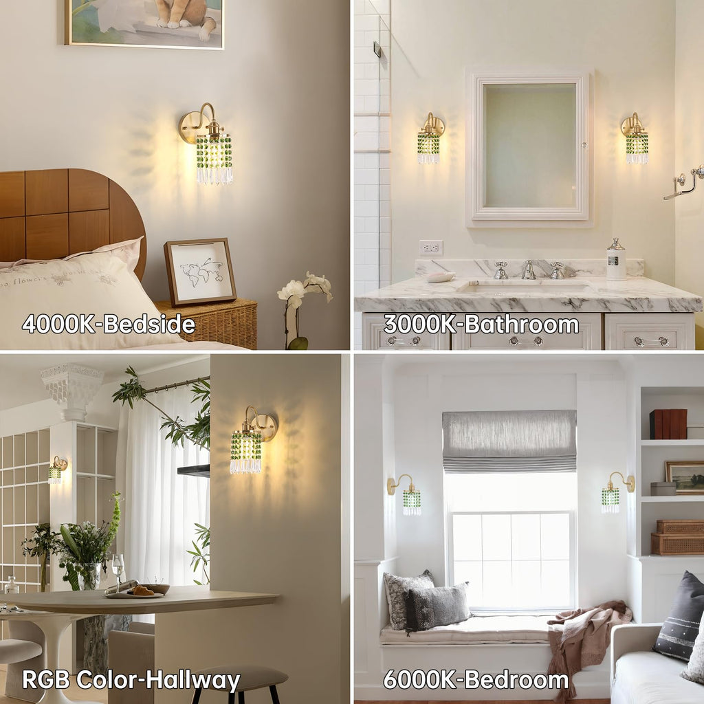 Shenmoyl Set of 2 Crystal Battery Operated Wall Sconce, Rechargeable Battery Powered Wall Lamp with Remote Control, Modern Dimmable Wall Lights for Bedroom Bathroom(Green, Gold Base)