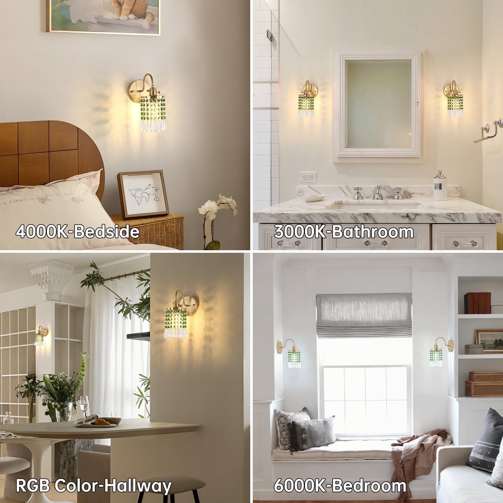 Shenmoyl Set of 2 Crystal Battery Operated Wall Sconce, Rechargeable Battery Powered Wall Lamp with Remote Control, Modern Dimmable Wall Lights for Bedroom Bathroom(Green, Gold Base)