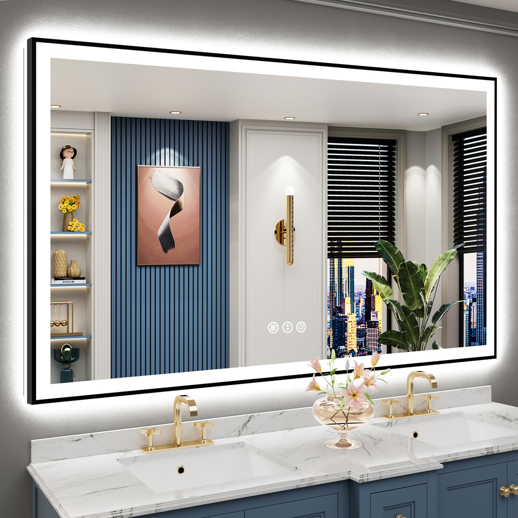 24x32 Black Framed LED Bathroom Mirror with Lights, Backlit and Front Lit Anti-Fog Lighted Vanity Mirrors for Bathroom Wall, Dimmable, 3 Colors, Memory, HD Tempered Glass, Horizontal/Vertical