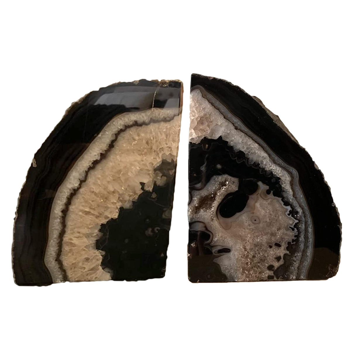 JIC Gem Black Agate Geode Bookends 2-3 Lbs Anti-Slip Rubber Pads Heavy Duty | 1Pair Natural Black Agate Crystal Decor for Shelves & Desk, Unique Small Stone Book Holder Gift for Office & Home Decoration