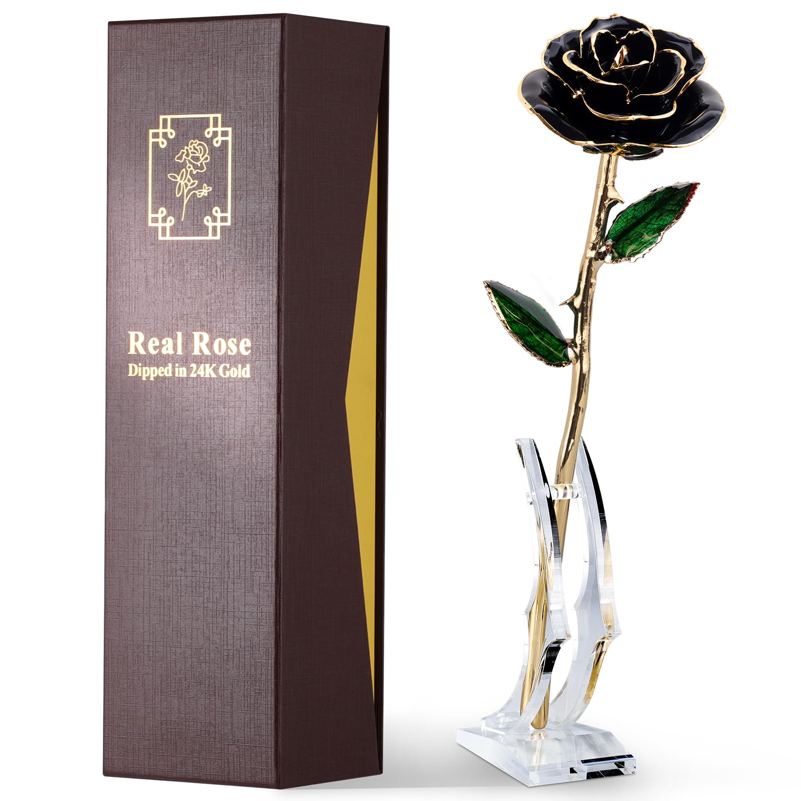 24K Gold Dipped Real Rose – Handcrafted, Bold, One of a Kind – Romantic Gift for Her – Ideal for Birthday, Anniversary, Mother’s Day, Valentine’s (Black)