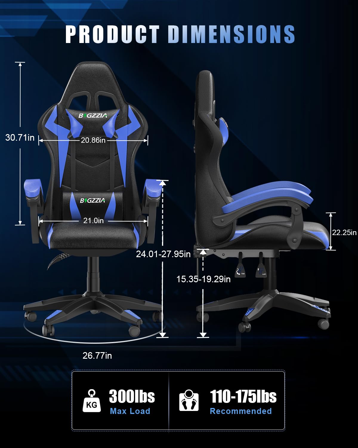 Bigzzia Gaming Chair with RGB LED Lights for Kids & Adults, High Back Ergonomic Computer Gamer Chair with Headrest and Lumbar Support, Racing Style Reclining Game Chair(Black)