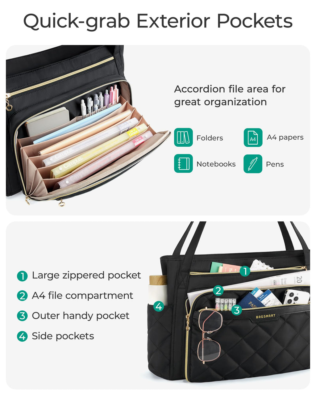 BAGSMART Teacher Tote Bag for Women 15.6in Quilted with Insulated Pocket & Nurse Bag Features (Black)