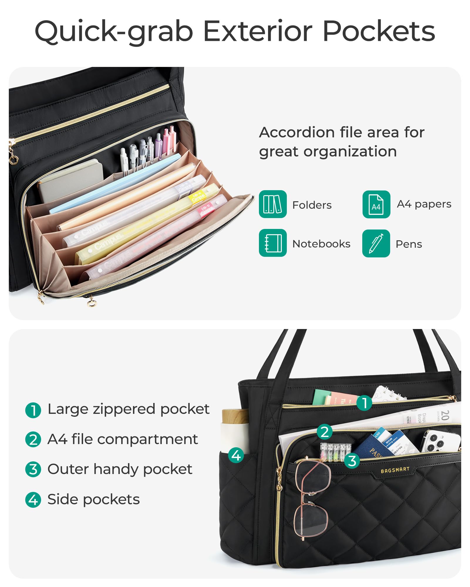 BAGSMART Teacher Tote Bag for Women 15.6in Quilted with Insulated Pocket & Nurse Bag Features (Black)