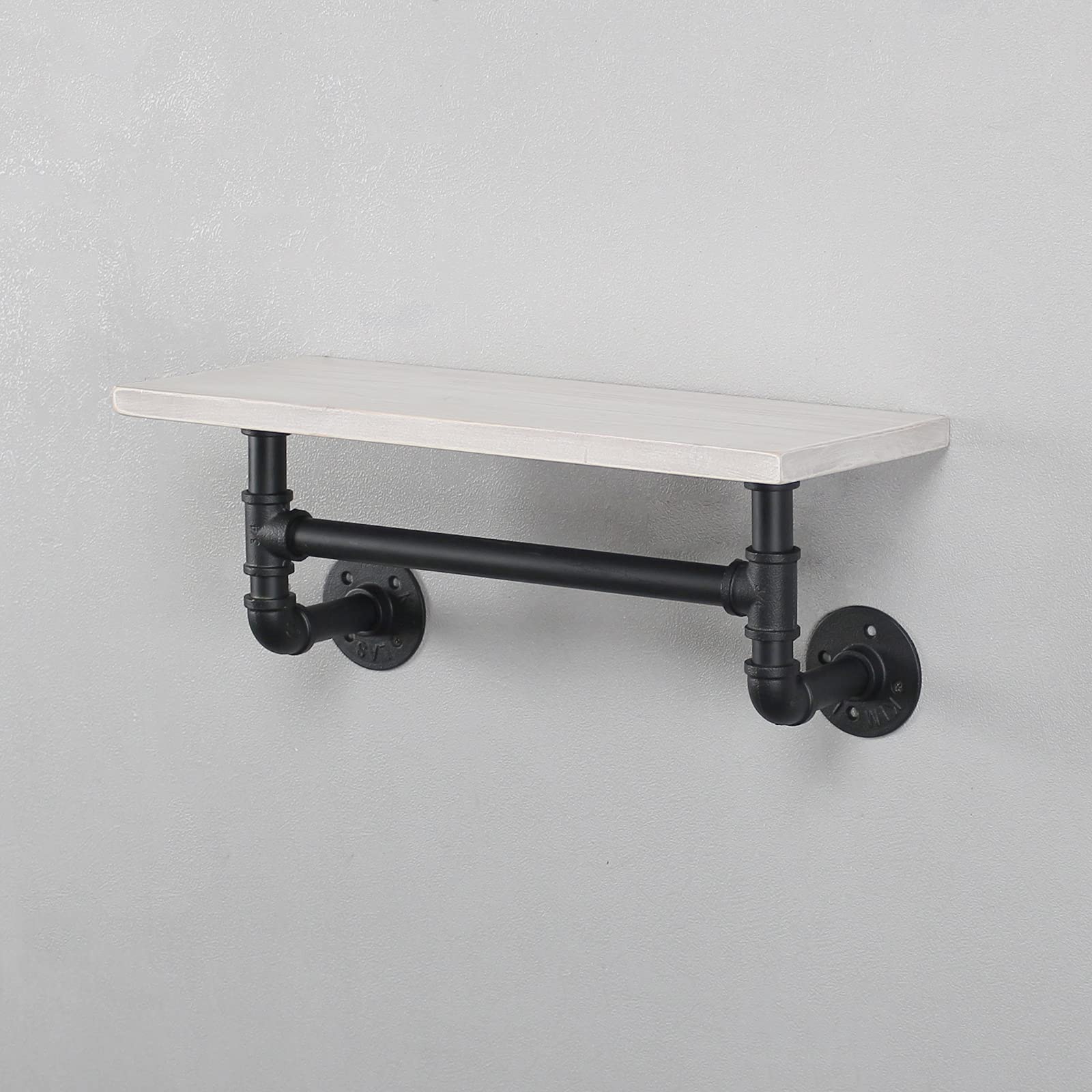 MBQQ Industrial Pipe Shelf Bathroom Shelves Wall Mounted,19.6in Rustic Wood Shelf with Towel Bar,1 Tier Farmhouse Towel Rack,Pipe Shelving Floating Shelves Towel Holder,Black & White