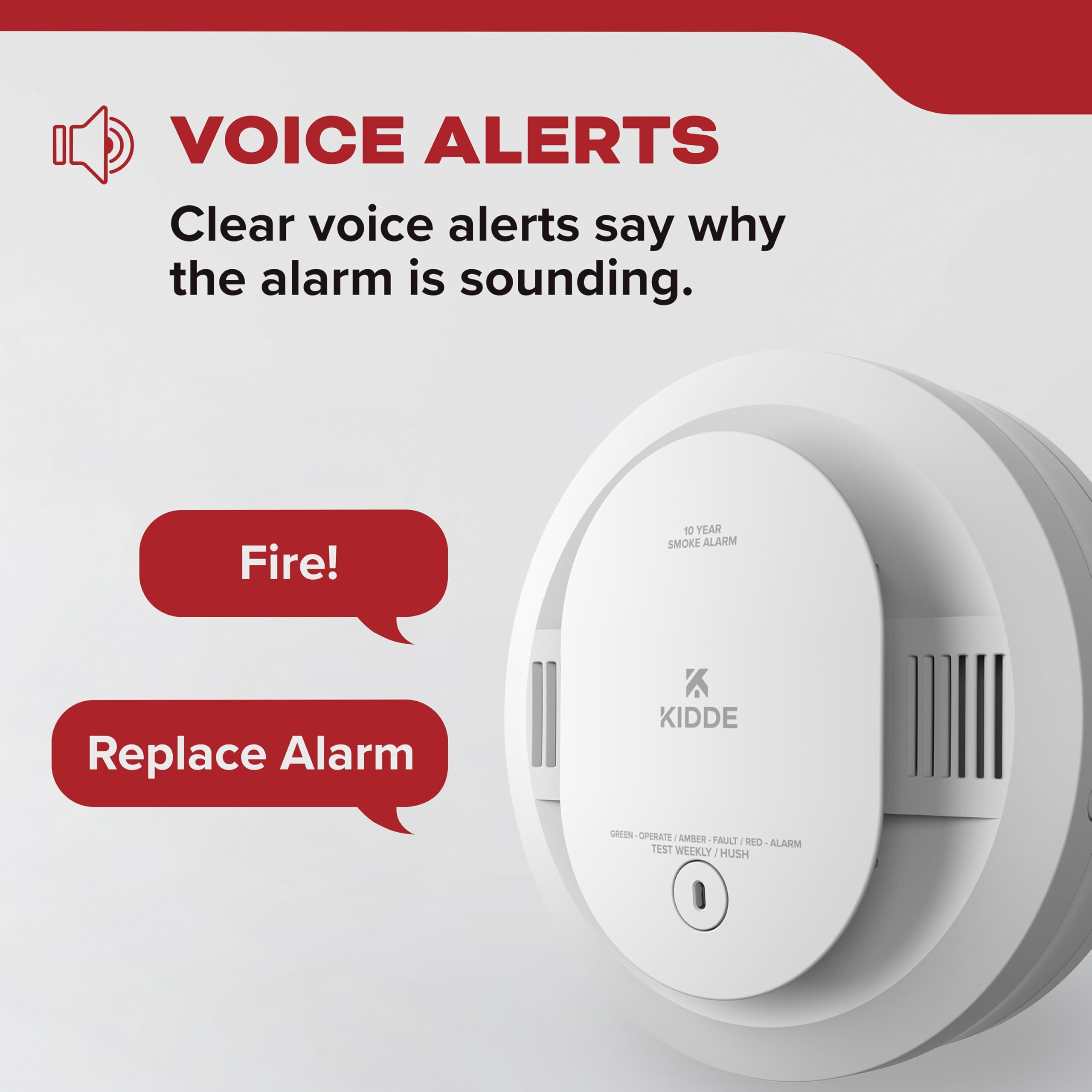 Kidde Smoke Detector, 10-Year Battery Powered, with Voice Alerts, LED Status Lights, 85 dB Alarm, 5-inches, 20SD10-V, 1 Pack