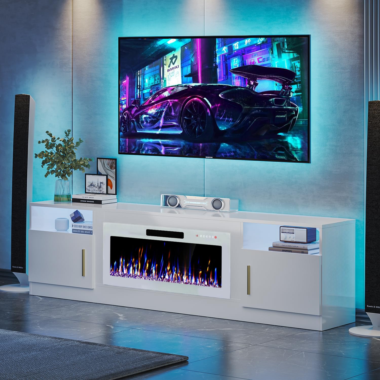 VITESSE 58 Inches Fireplace TV Stand for TVs up to 65 Inches Console with 18'' Electric Fireplace & Remote,Wooden Modern Entertainment Center for Living Room with LED Light Glass Shelves（Bei）