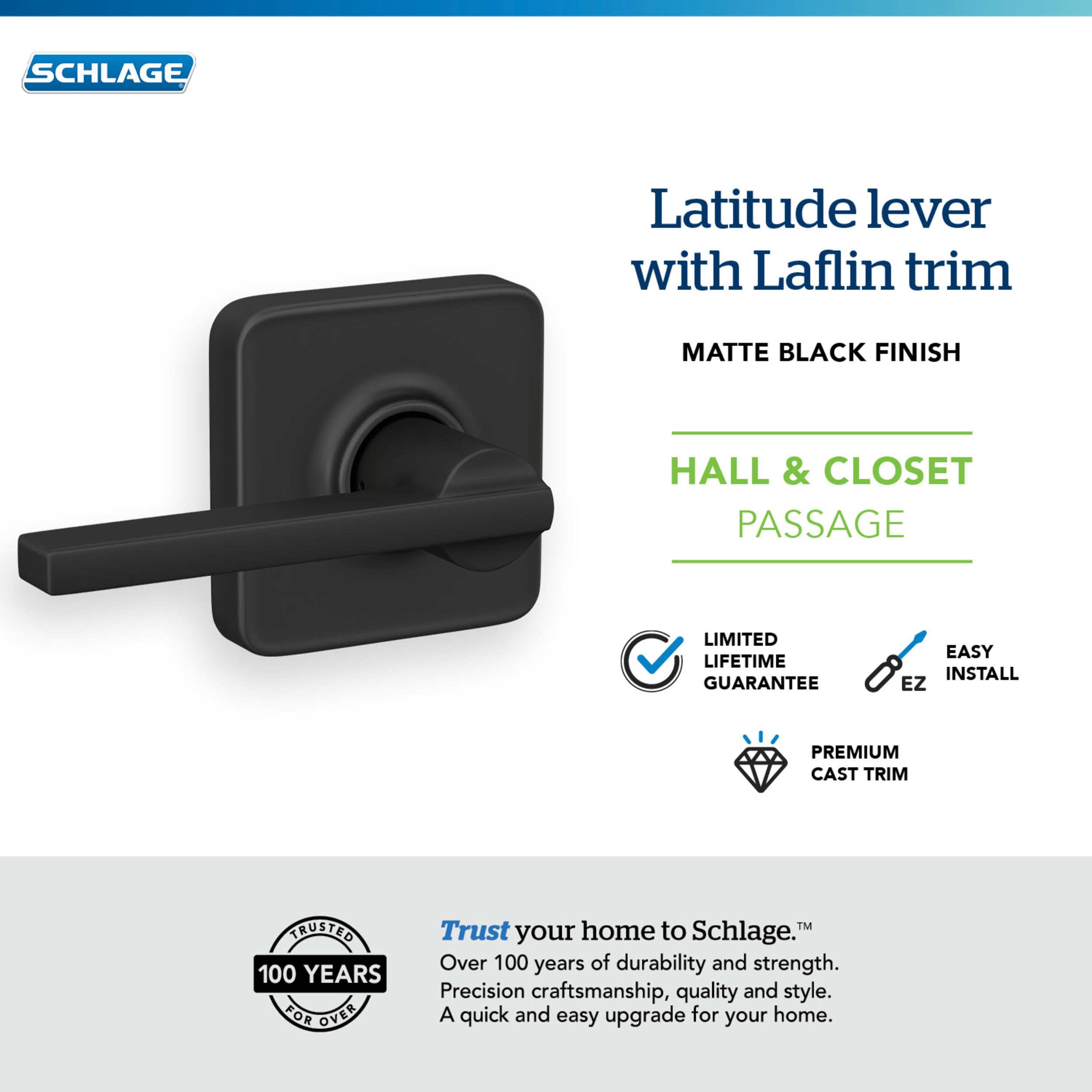 Schlage F10 LAT 716 Latitude Door Lever, Hall & Closet Passage Lock, Aged Bronze