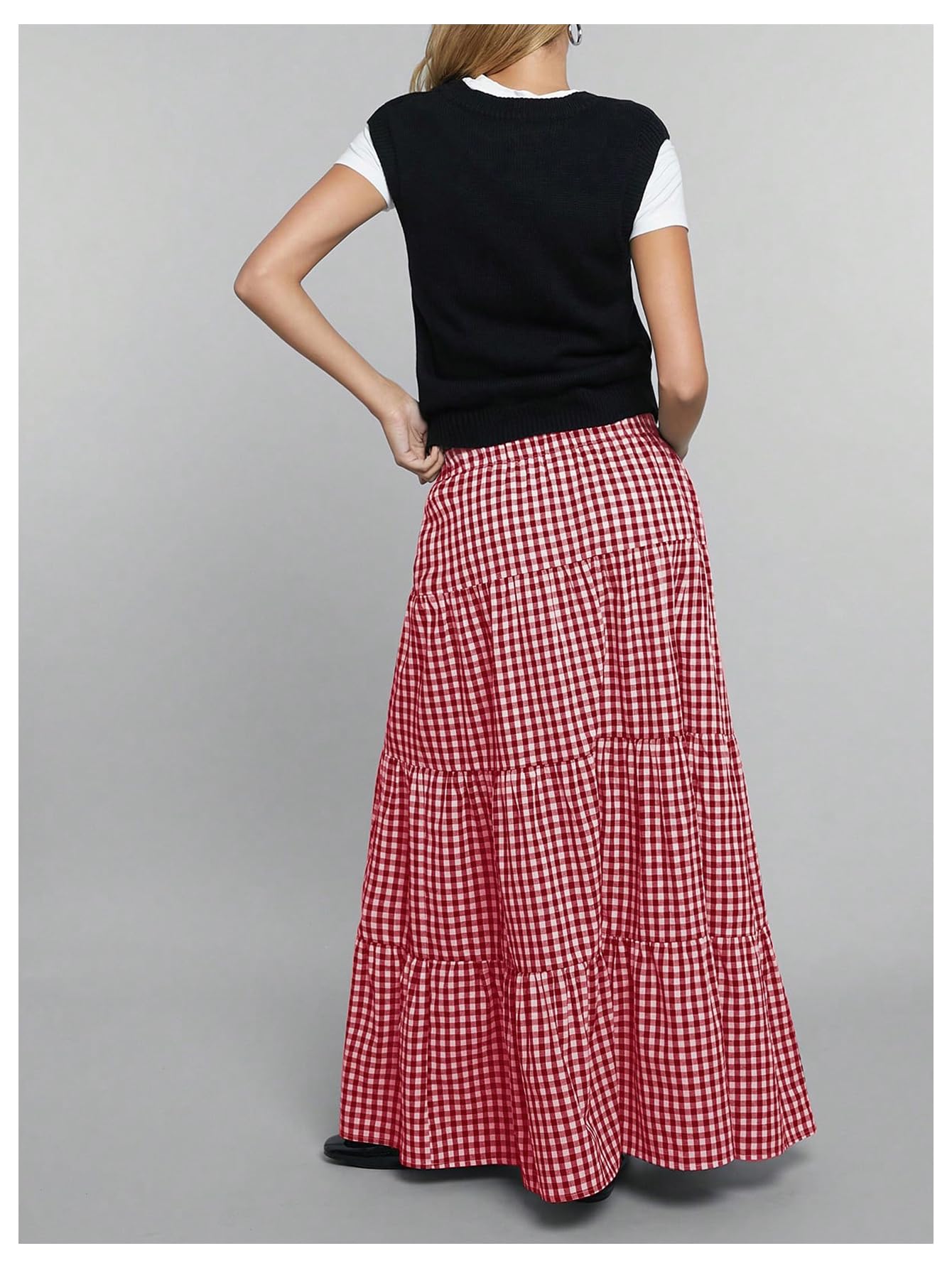 MakeMeChic Women's Plaid Maxi Skirts A Line Ruffle Tiered Layer Y2K Flowy Casual Long Skirts