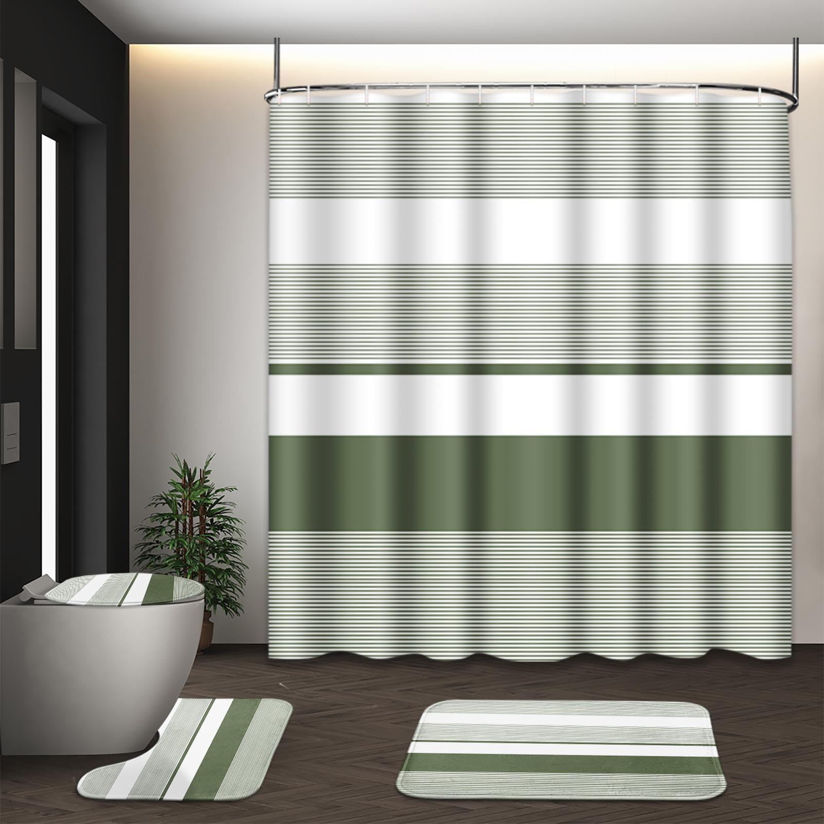 Beige Geometric Shower Curtain Set with Toilet Lid Cover and Non-Slip Rugs for Bathroom, Black Grey White Checkered 4 Pcs Shower Curtain, Modern Abstract Bathroom Set with 12 Hooks