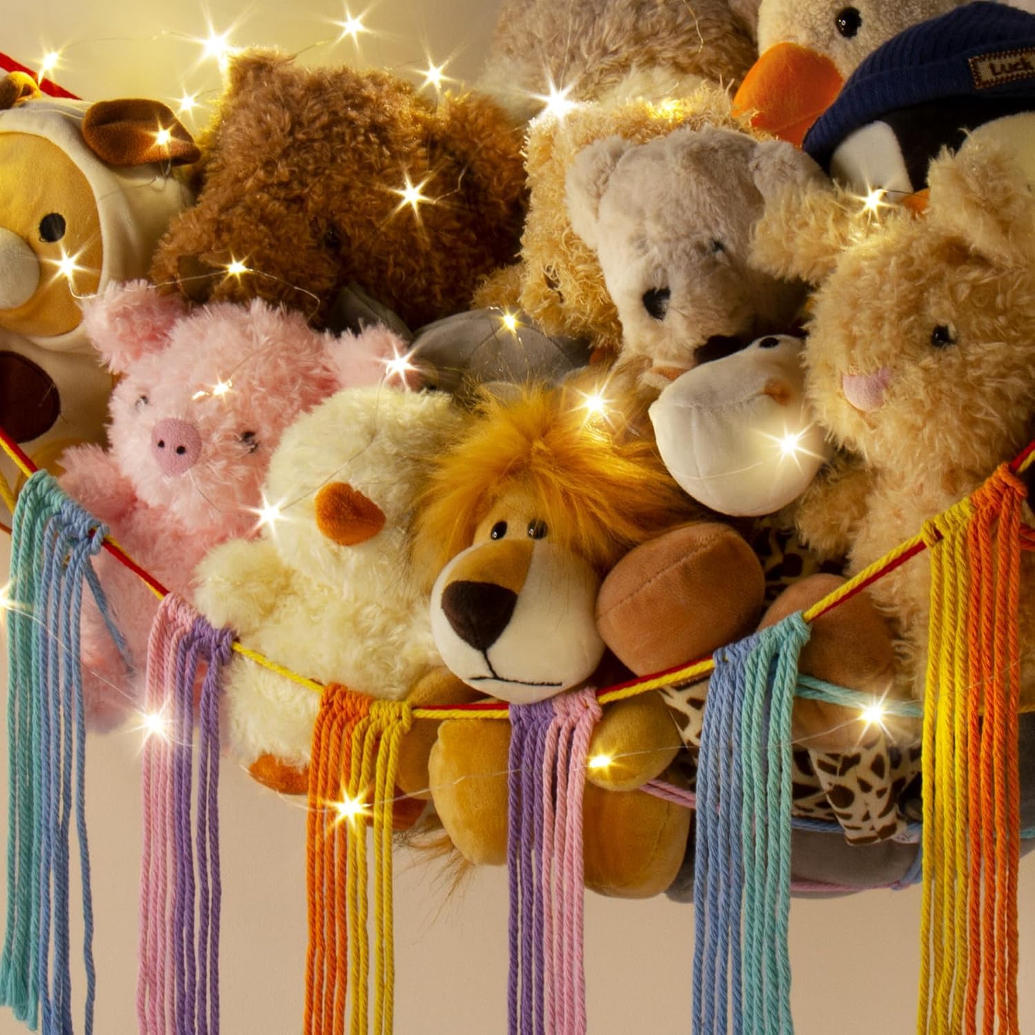 Stuffed Animal Hammock Corner with LED Light - Toy Storage Hammock Plushie Net Large - Cute Stuff Animals Holder Hanging Organizer - Baby Room Decor Kids Toddler Nursery Bedroom Boho