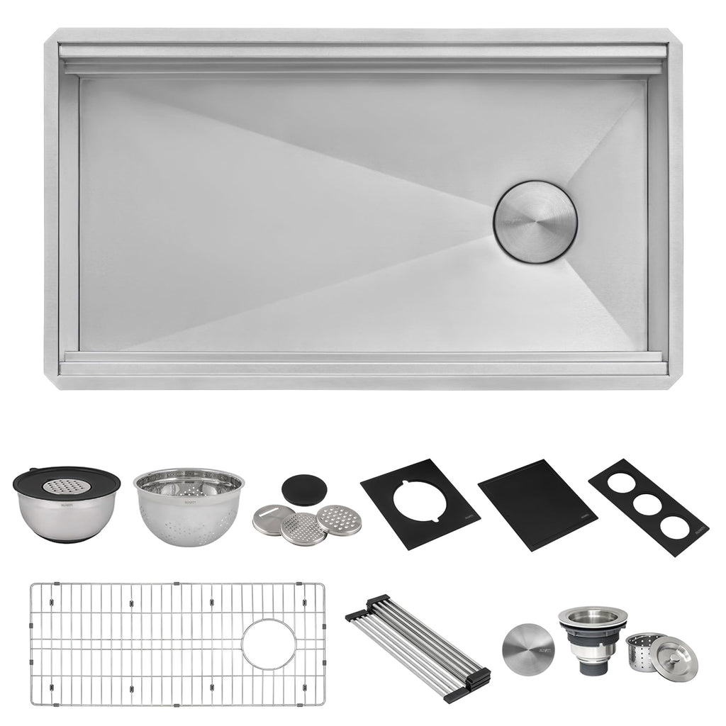 Ruvati 33-inch Workstation Kitchen Sink - Dual Tier Double Bowl Kitchen Sink - Low Divide Undermount Sinks - 16 Gauge Stainless Steel Kitchens Sinks - RVH8255