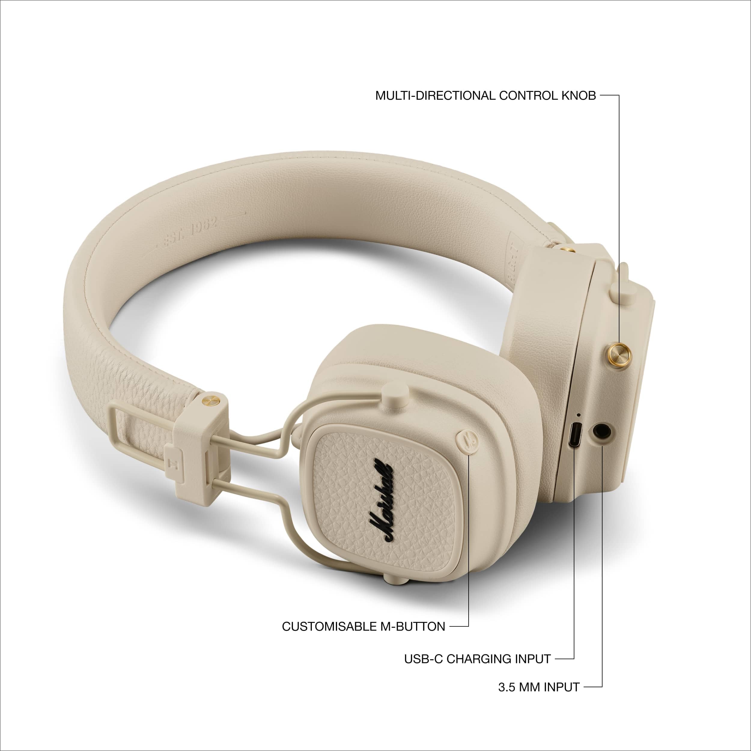 Marshall Major V Wireless On-Ear Bluetooth Headphones - 100+ Hr Playtime | Detachable Audio Cable | Microphone for Calls | Lightweight, Foldable Design for Travel - Black