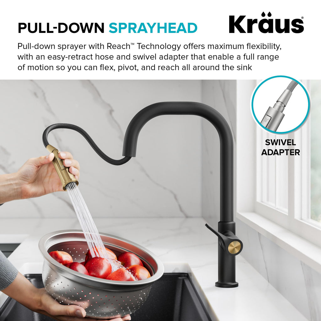 KRAUS Torak Pull Down Kitchen Faucet in Matte Black with Commercial Style Spring Spout, 2 Function Sprayer, Pre-Attached Water Lines, and Mounting Hardware, KPF-2635MB