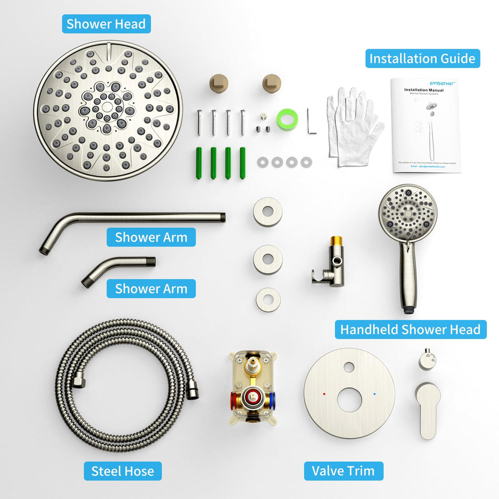 EMBATHER Shower Faucets Sets Complete, with 3 Setting High Pressure Shower Head Combo, Bathroom Wall Mounted Rainfall Shower System Fixtures with 8-Mode Handheld Spray, Brushed Nickel