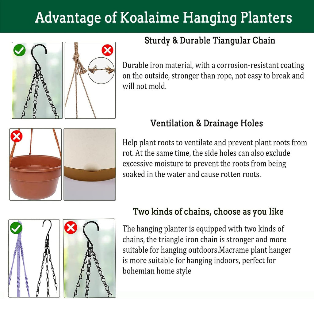 Koalaime Hanging Planter Self Watering 10 Inch, 2 Pack Indoor Outdoor Hanging Baskets, Hanging Flower Pots with Drainage Hole & 2 Kinds of Plant Hangers for Garden Home Decor(Green)…