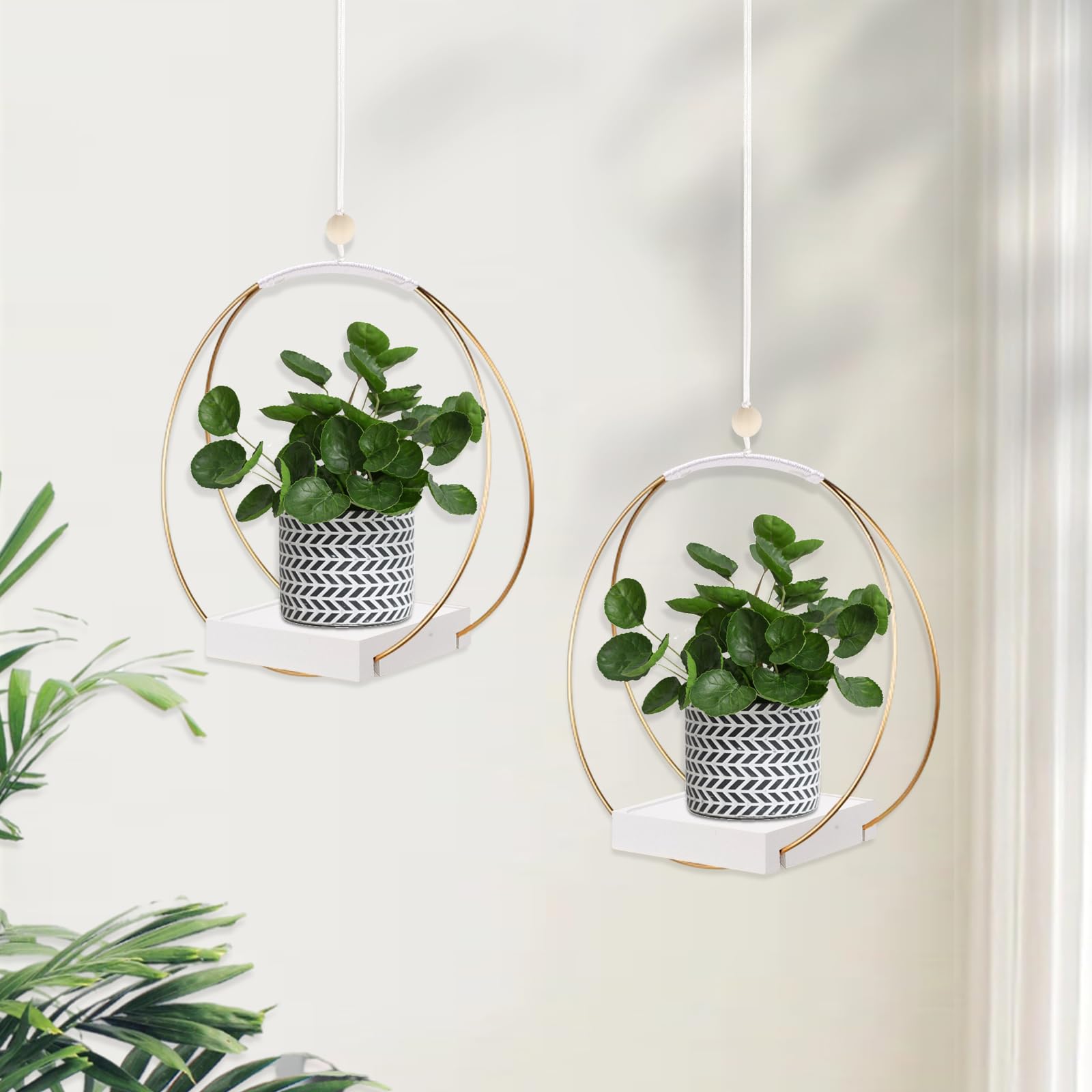 Hanging Planter for Indoor Plants, Black Plant Hanger Indoor with Sturdy Wood Base, Modern Boho Macrame Plant Hanger for 3-5.5 Inch Pot, Hanging Wall Ceiling Window Home Decor (Pots Not Included)