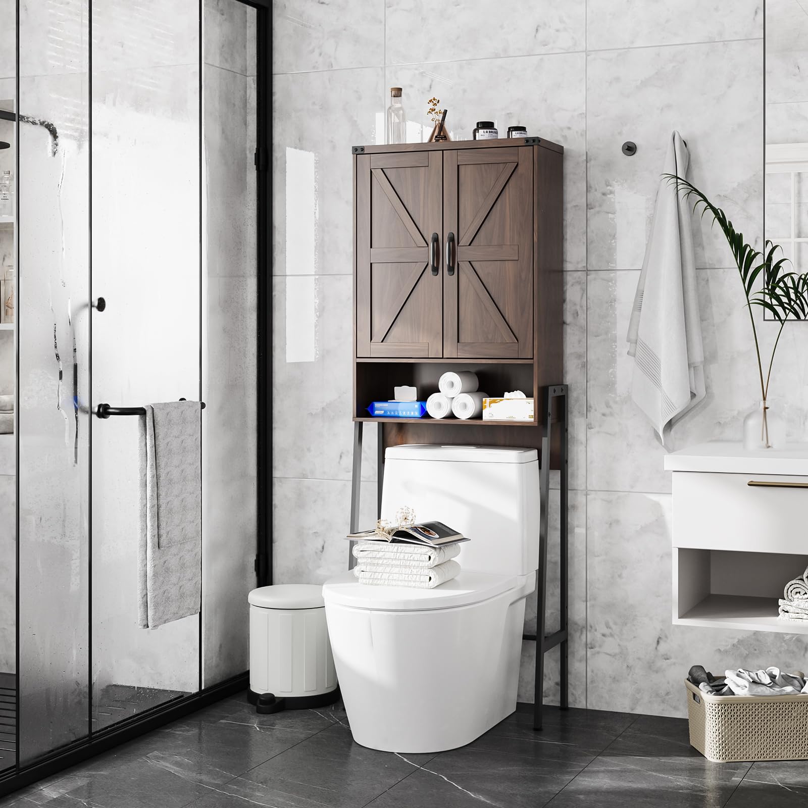 Vabches Over The Toilet Storage Cabinet with 2-Door Design Bathroom Organizers and Storage with Anti-Tip Device Over Toilet Organizer with Shelves for Bathroom,Restroom,Laundry Black