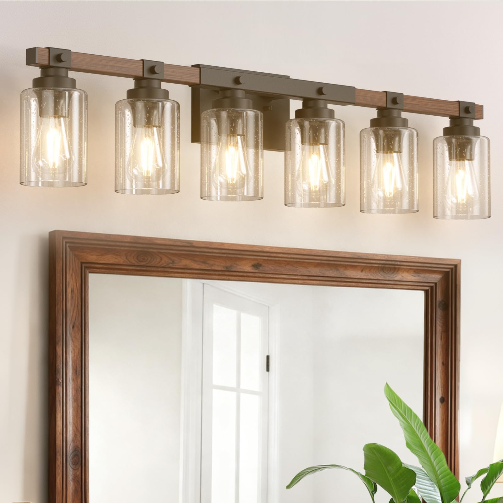 Amico 3-Light Farmhouse Vanity Light Fixture, Rustic Wood Bathroom Light Fixtures, Industrial Vintage Black Wall Sconces Lights with Bubble Glass Shade for Mirror, Bedroom, Living Room, Hallway