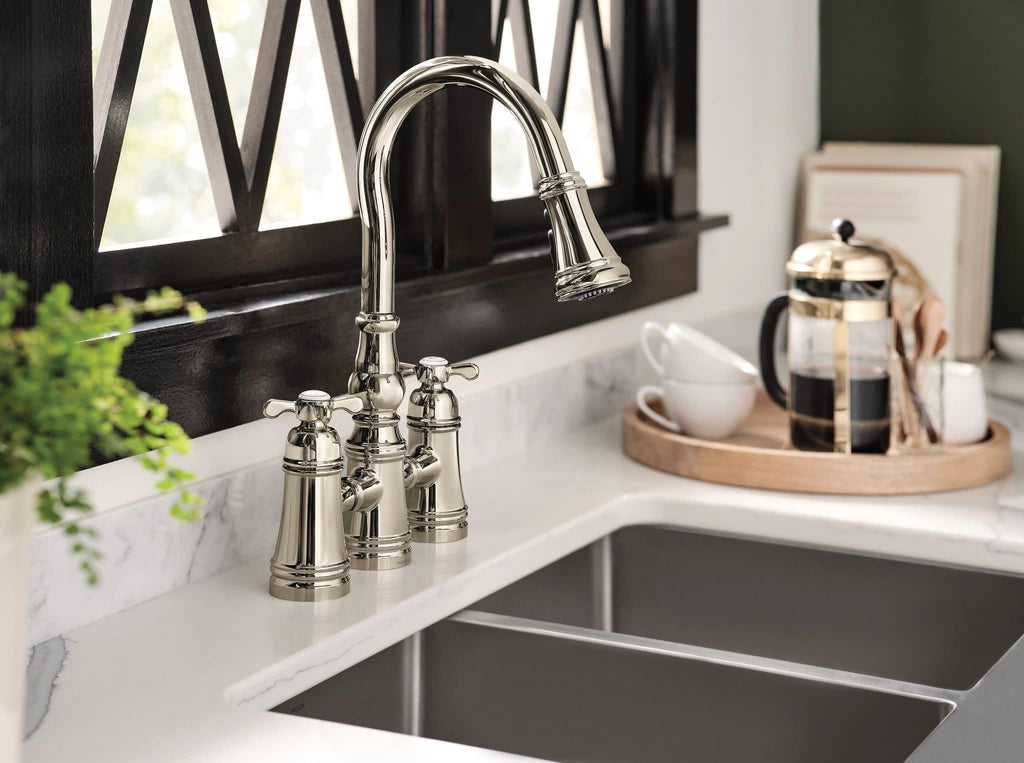 Moen Brushed Gold Weymouth Two Handle Pulldown Bridge Kitchen Faucet, S73204BG