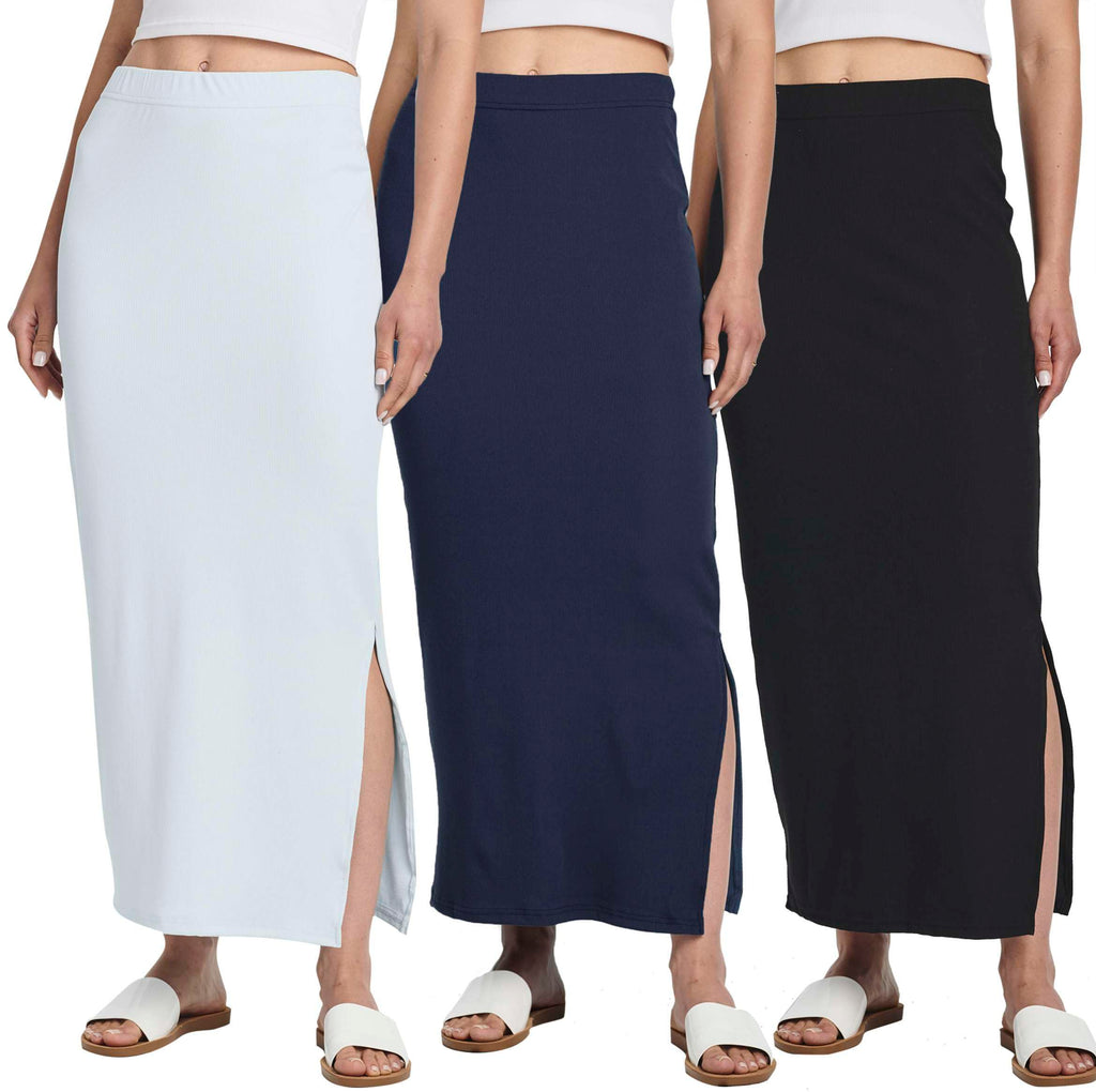 Real Essentials 3 Pack: Women's Ribbed High Waisted Maxi Skirt with Side Slit - Casual Long Pencil Skirt