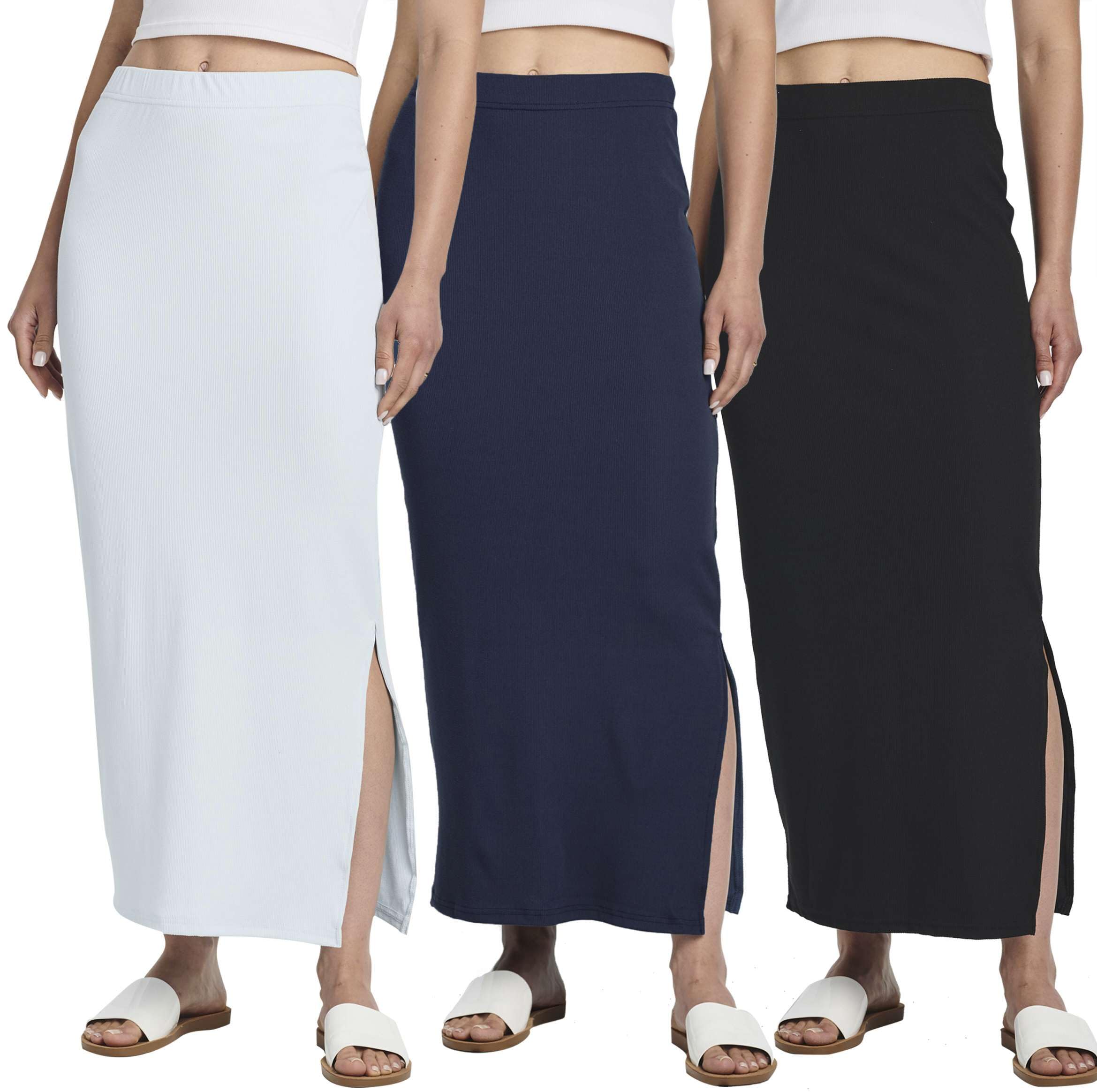 Real Essentials 3 Pack: Women's Ribbed High Waisted Maxi Skirt with Side Slit - Casual Long Pencil Skirt