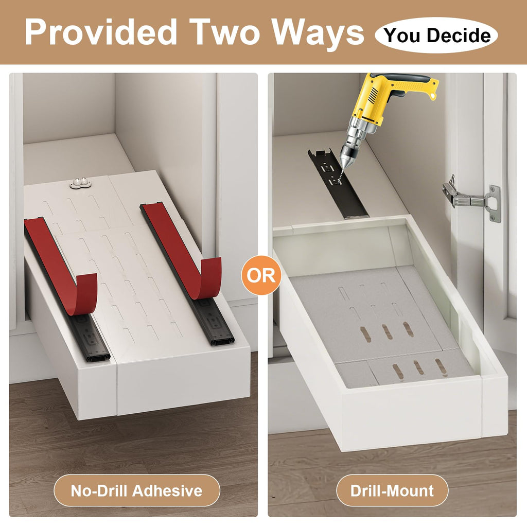 Pull out Cabinet Organizer,Width (11"-16") and Depth (17"-24") Expandable With 3 Rails,No Drill Adjustable Slide out Drawers for Kitchen,Pantry,Adhesive Roll out Shelves,for Cabinets without Lip,Black