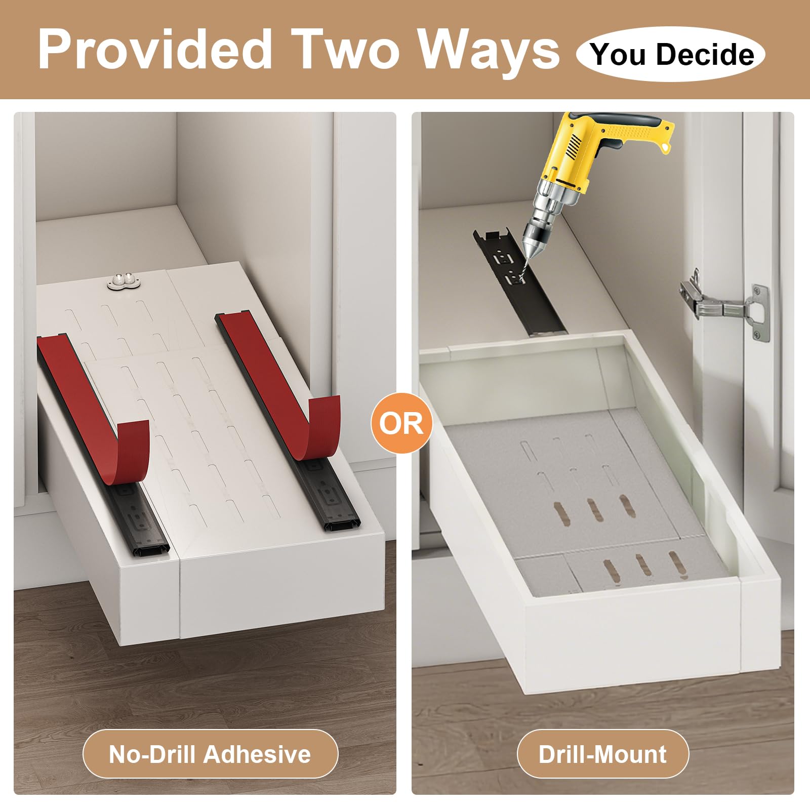 Pull out Cabinet Organizer,Width (11"-16") and Depth (17"-24") Expandable With 3 Rails,No Drill Adjustable Slide out Drawers for Kitchen,Pantry,Adhesive Roll out Shelves,for Cabinets without Lip,Black