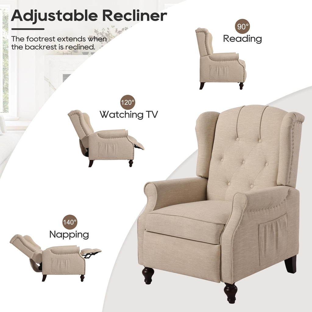 Wingback Chair with Massage and Heat, Tufted Fabric Pushback Recliner Chair, Wingback Recliner Chair with Remote Control, Padded Cushion, Wooden Legs, Small Recliners for Small Spaces