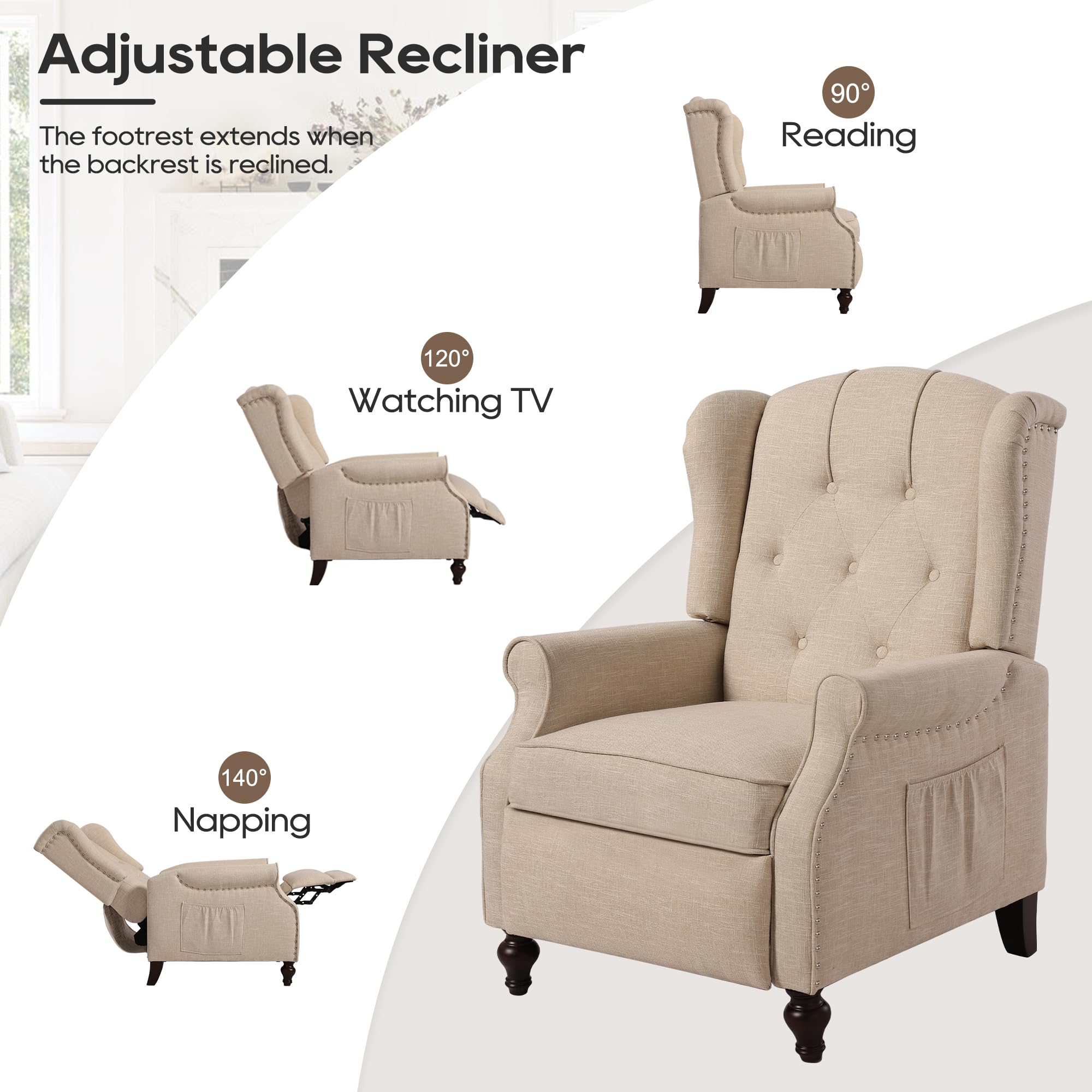 Wingback Chair with Massage and Heat, Tufted Fabric Pushback Recliner Chair, Wingback Recliner Chair with Remote Control, Padded Cushion, Wooden Legs, Small Recliners for Small Spaces
