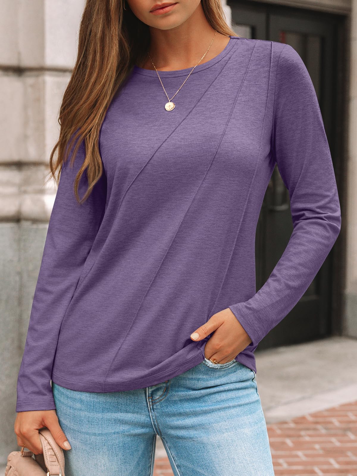 AUTOMET Womens Long Sleeve Shirts Pleated Tunics Fall Fashion Crewneck Tops