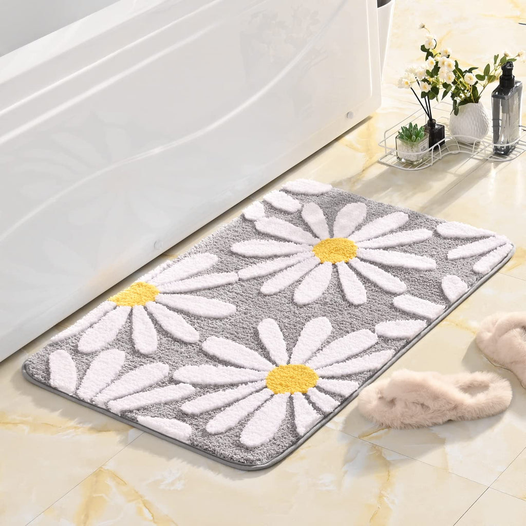 QJHOMO Beige Bathroom Rugs Cute Daisy Bath Mat White and Yellow Flower Decor Rug Non Slip Floor Carpet Microfiber Bathmat Super Absorbent Machine Washable Bathtub Mats for Shower (16x24 inch)