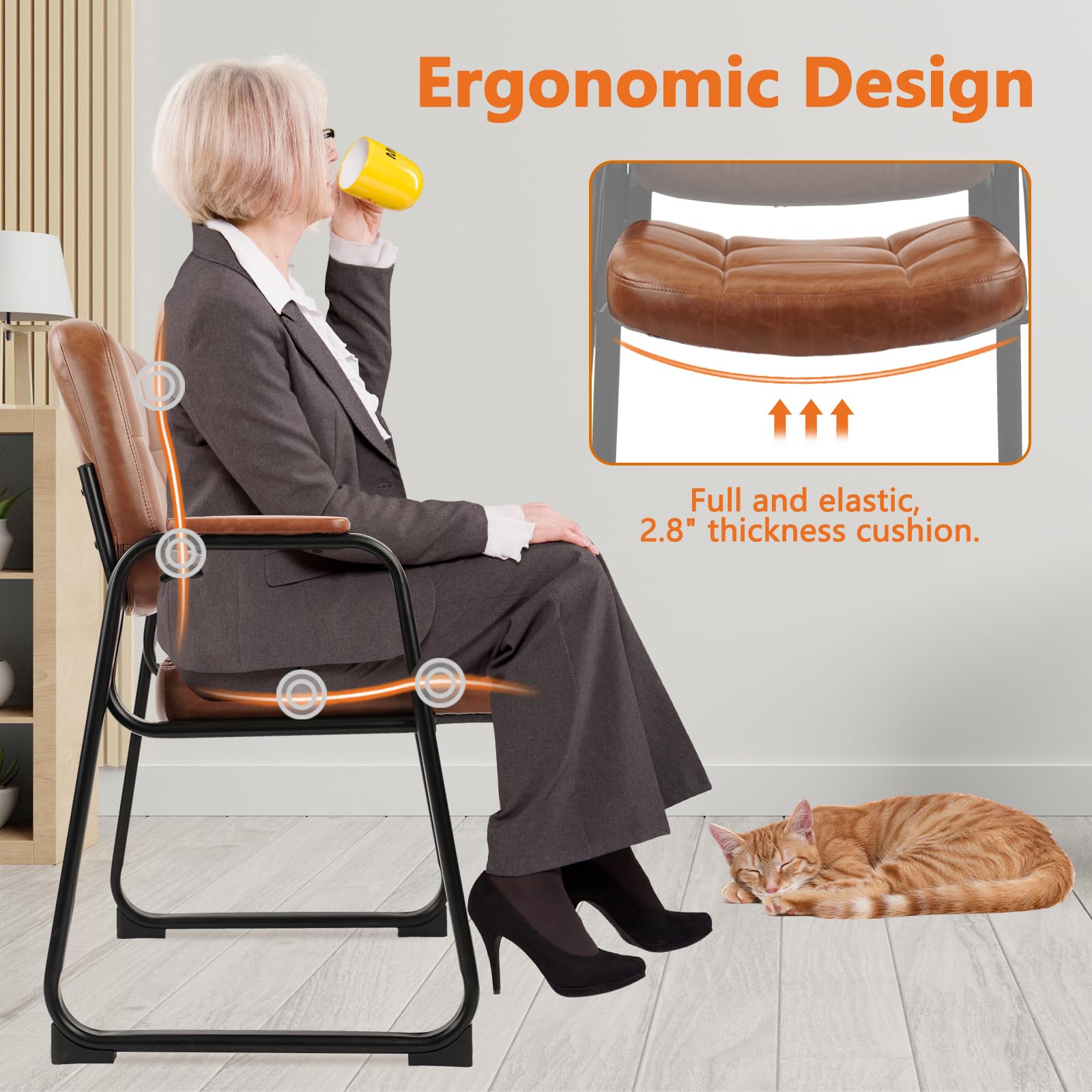 CLATINA Big & Tall 500 lbs Leather Office Reception Chair No Wheels with Padded Arms, Waiting Room Guest Chair for Elderly Home Desk Conference Room Lobby Side Salon Clinic, Black