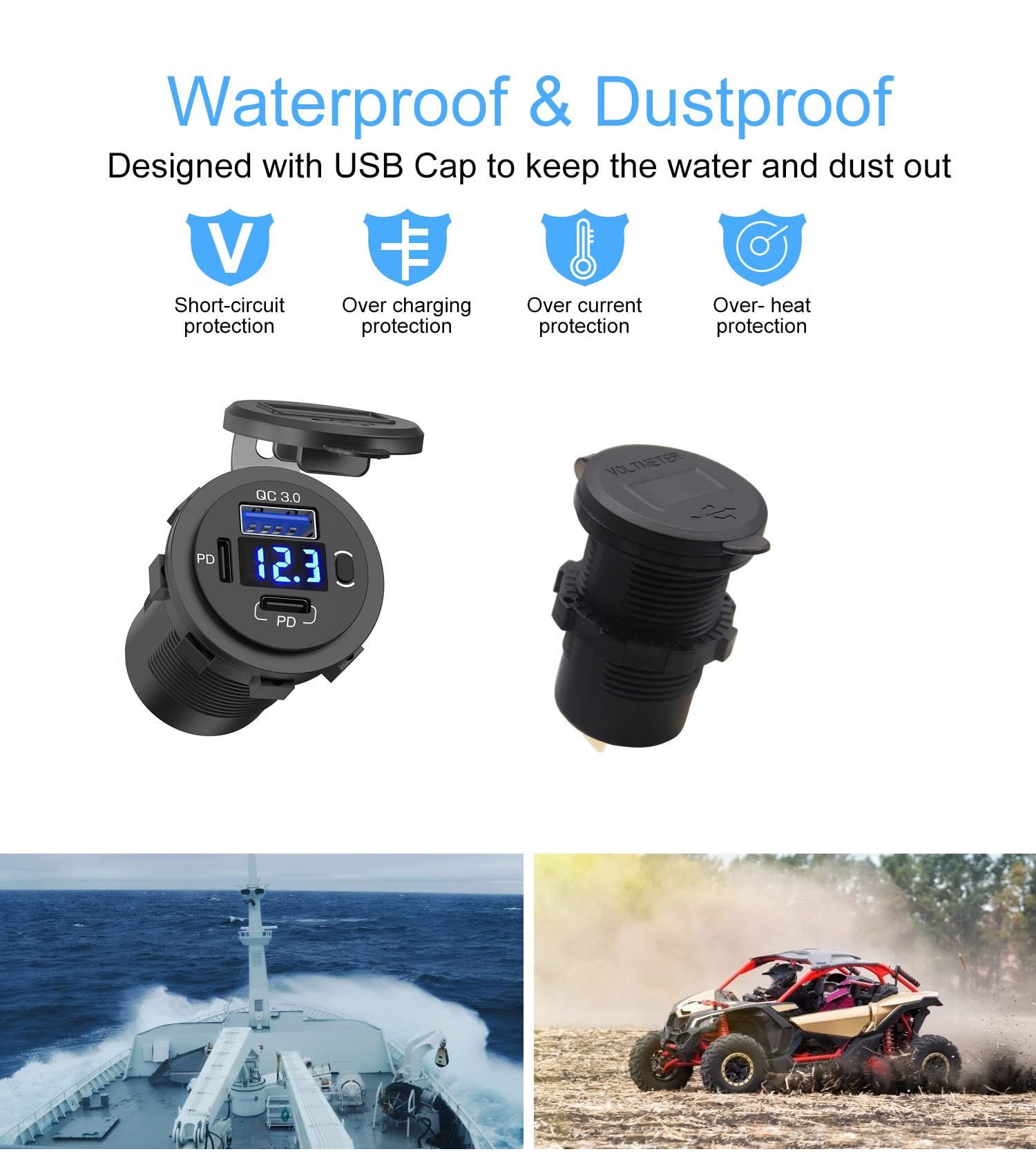 12V USB Outlet, Dual USB C Car Charger Socket & Quick Charge 3.0 Port with Voltmeter and Power Switch for Car Boat Marine Truck